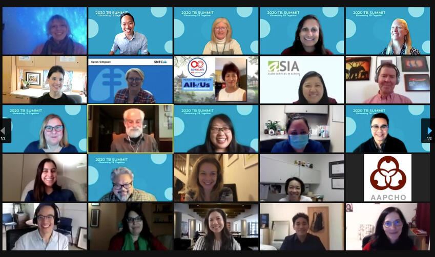 Virtual Summit A grid of video call tiles shows many participants attending an online “2020 TB Summit” session, with several people using branded virtual backgrounds and others joining from their home or office spaces.