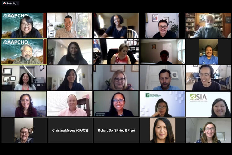 Virtual Facilitation A grid of video call tiles shows several dozen participants attending a virtual meeting from their homes or offices, with some tiles displaying organization logos and a recording indicator at the top of the screen.