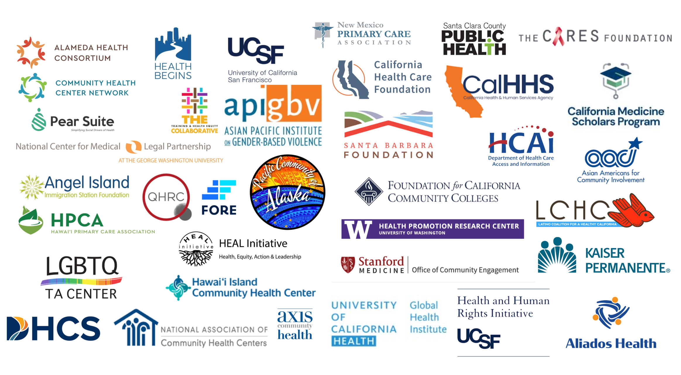 Collage of logos from more than twenty health- and community-focused organizations on a white background, including Alameda Health Consortium, Community Health Center Network, Pear Suite, National Center for Medical-Legal Partnership, Angel Island Immigrat
