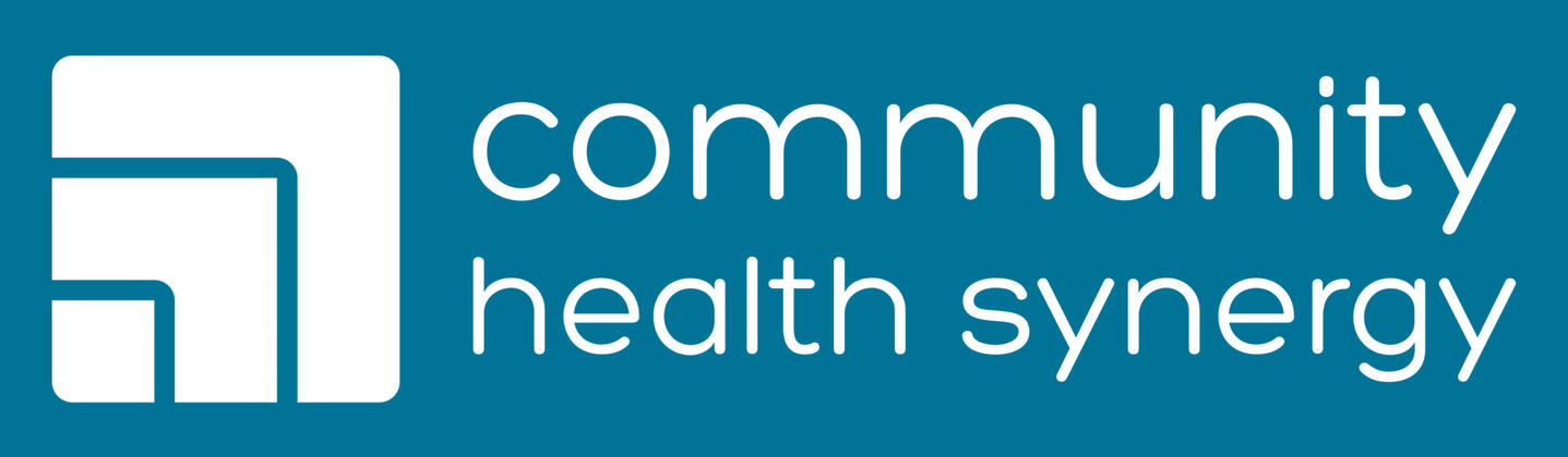 CHS LOGO Community Health Synergy logo with a white abstract geometric icon and the words ‘community health synergy’ in white on a teal background.